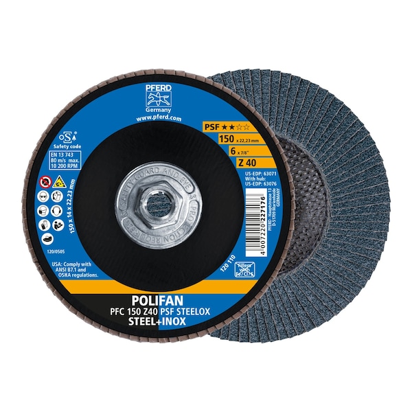 Pferd 6" x 5/8-11 Thd. POLIFAN Flap Disc - Z PSF STEELOX, Zirconia, 40 Grit, Conical 63076 - main